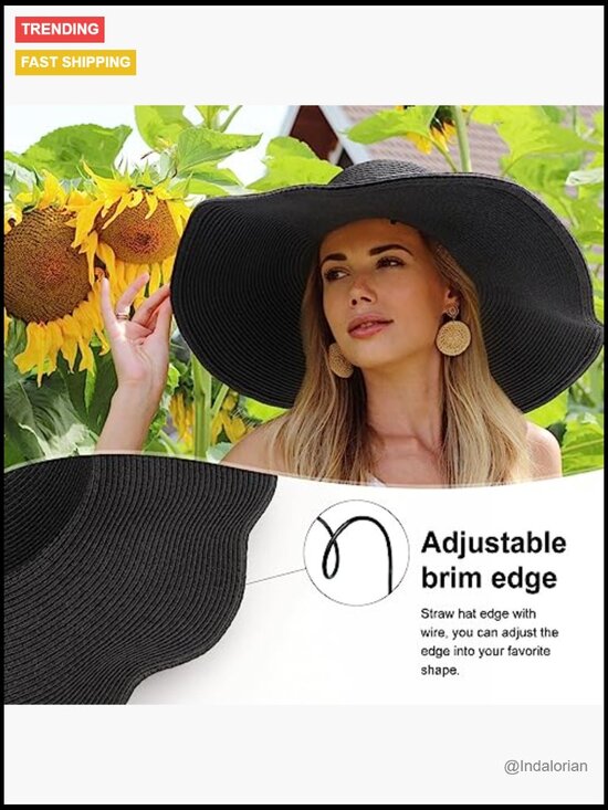 Wide Brim Straw Floppy Beach Sun Hat UPF 50+ Foldable with Detachable Wind